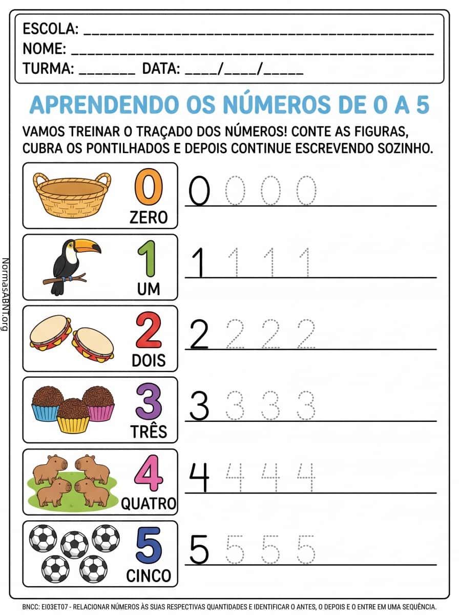 relacionar números às suas respectivas quantidades e traçar números pontilhados, e identificar o número antes, depois e o entre em uma sequência