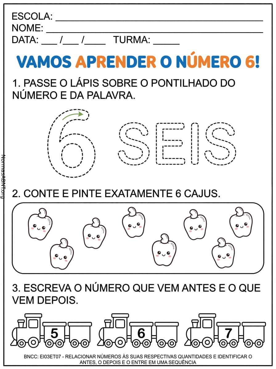 relacionar número 6 às suas respectivas quantidades e traçar número 6 pontilhado, contar e pintar os objetos