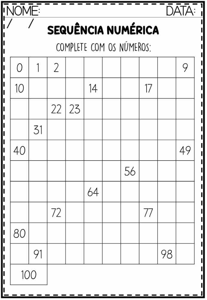 atividade sequência numérica até 100