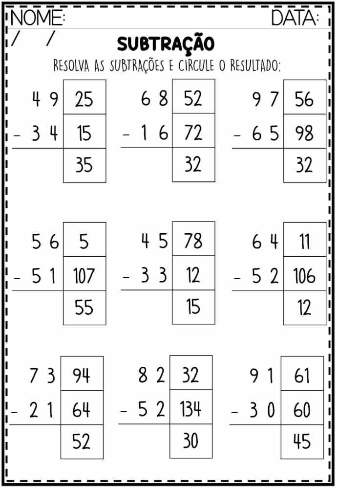 folha de subtração, circular resultado correto